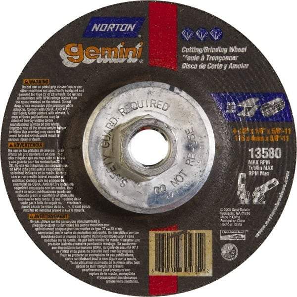 Norton - 24 Grit, 4-1/2" Wheel Diam, 1/8" Wheel Thickness, Type 27 Depressed Center Wheel - Aluminum Oxide, 13,580 Max RPM - Eagle Tool & Supply