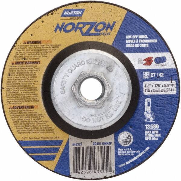 Norton - 36 Grit, 4-1/2" Wheel Diam, 1/8" Wheel Thickness, Type 27 Depressed Center Wheel - Ceramic - Eagle Tool & Supply