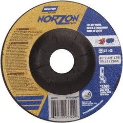 Norton - 36 Grit, 4-1/2" Wheel Diam, 1/8" Wheel Thickness, 7/8" Arbor Hole, Type 27 Depressed Center Wheel - Ceramic, 13,580 Max RPM - Eagle Tool & Supply