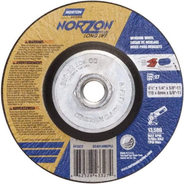 Norton - 24 Grit, 4-1/2" Wheel Diam, 1/4" Wheel Thickness, Type 27 Depressed Center Wheel - Ceramic - Eagle Tool & Supply
