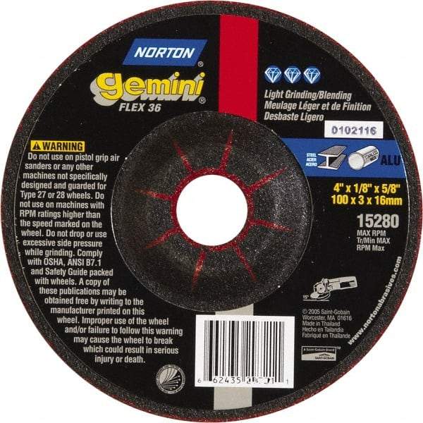 Norton - 36 Grit, 4-1/2" Wheel Diam, 1/8" Wheel Thickness, Type 29 Depressed Center Wheel - Aluminum Oxide - Eagle Tool & Supply