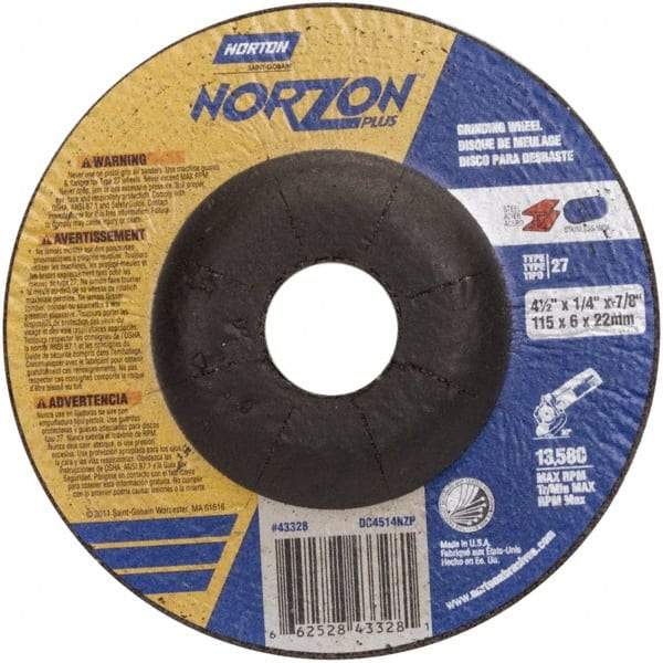 Norton - 24 Grit, 4-1/2" Wheel Diam, 1/4" Wheel Thickness, 7/8" Arbor Hole, Type 27 Depressed Center Wheel - Ceramic - Eagle Tool & Supply