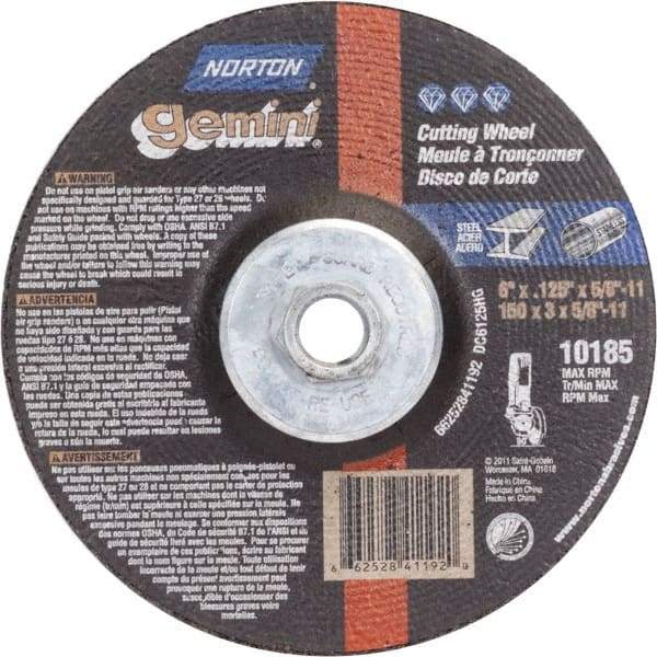 Norton - 36 Grit, 6" Wheel Diam, 1/8" Wheel Thickness, Type 27 Depressed Center Wheel - Aluminum Oxide - Eagle Tool & Supply