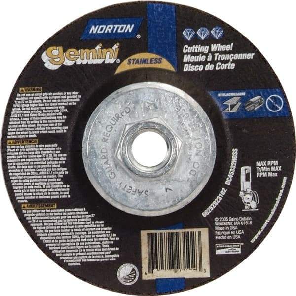 Norton - 36 Grit, 4-1/2" Wheel Diam, 3/32" Wheel Thickness, Type 27 Depressed Center Wheel - Aluminum Oxide - Eagle Tool & Supply