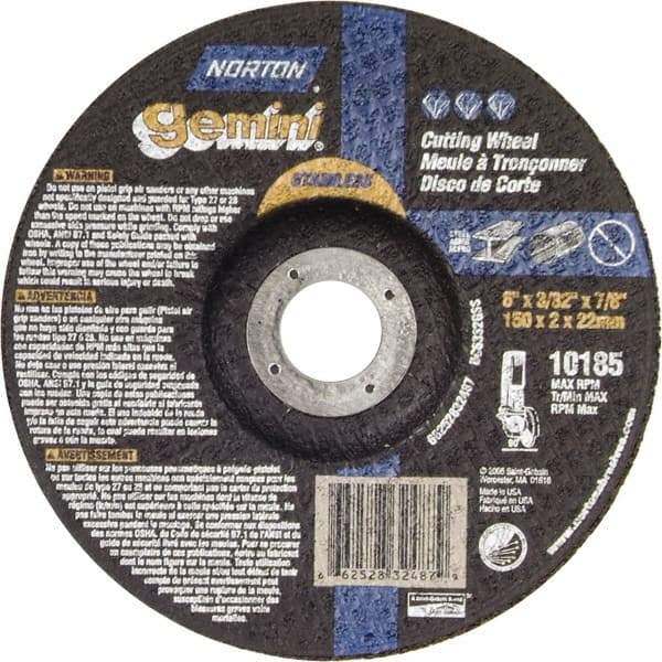 Norton - 36 Grit, 6" Wheel Diam, 3/32" Wheel Thickness, 7/8" Arbor Hole, Type 27 Depressed Center Wheel - Aluminum Oxide - Eagle Tool & Supply