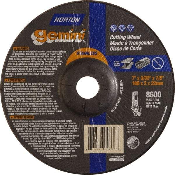 Norton - 36 Grit, 7" Wheel Diam, 3/32" Wheel Thickness, 7/8" Arbor Hole, Type 27 Depressed Center Wheel - Aluminum Oxide - Eagle Tool & Supply