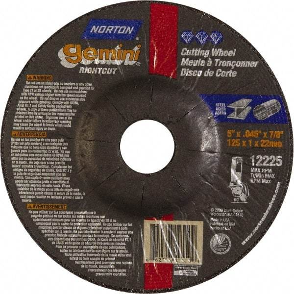 Norton - 46 Grit, 5" Wheel Diam, 7/8" Arbor Hole, Type 27 Depressed Center Wheel - Aluminum Oxide - Eagle Tool & Supply