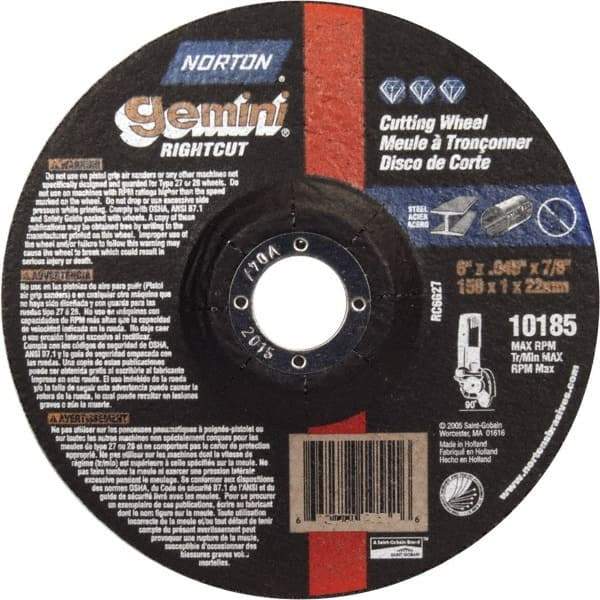 Norton - 46 Grit, 6" Wheel Diam, 7/8" Arbor Hole, Type 27 Depressed Center Wheel - Aluminum Oxide - Eagle Tool & Supply
