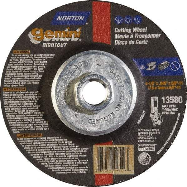 Norton - 46 Grit, 4-1/2" Wheel Diam, Type 27 Depressed Center Wheel - Aluminum Oxide - Eagle Tool & Supply