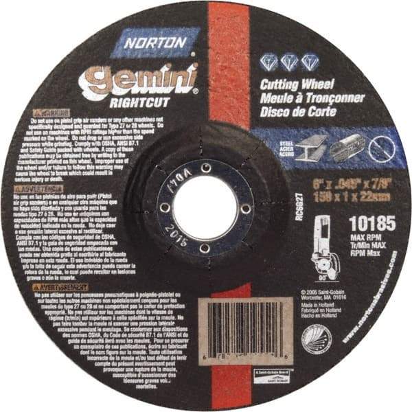 Norton - 46 Grit, 6" Wheel Diam, 7/8" Arbor Hole, Type 27 Depressed Center Wheel - Aluminum Oxide - Eagle Tool & Supply
