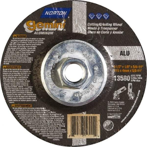 Norton - 24 Grit, 4-1/2" Wheel Diam, 1/8" Wheel Thickness, Type 27 Depressed Center Wheel - Aluminum Oxide, 13,580 Max RPM - Eagle Tool & Supply