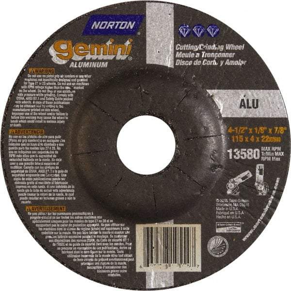Norton - 24 Grit, 4-1/2" Wheel Diam, 1/8" Wheel Thickness, 7/8" Arbor Hole, Type 27 Depressed Center Wheel - Aluminum Oxide, 13,580 Max RPM - Eagle Tool & Supply