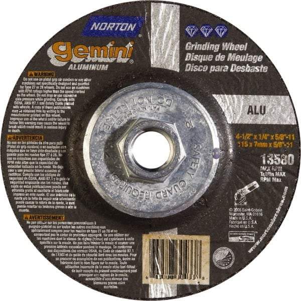 Norton - 24 Grit, 4-1/2" Wheel Diam, 1/4" Wheel Thickness, Type 27 Depressed Center Wheel - Aluminum Oxide, 13,580 Max RPM - Eagle Tool & Supply