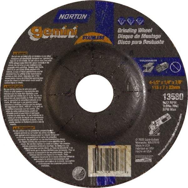 Norton - 24 Grit, 4-1/2" Wheel Diam, 1/4" Wheel Thickness, 7/8" Arbor Hole, Type 27 Depressed Center Wheel - Aluminum Oxide - Eagle Tool & Supply