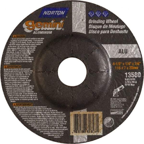 Norton - 24 Grit, 4-1/2" Wheel Diam, 1/4" Wheel Thickness, 7/8" Arbor Hole, Type 27 Depressed Center Wheel - Aluminum Oxide, 13,580 Max RPM - Eagle Tool & Supply