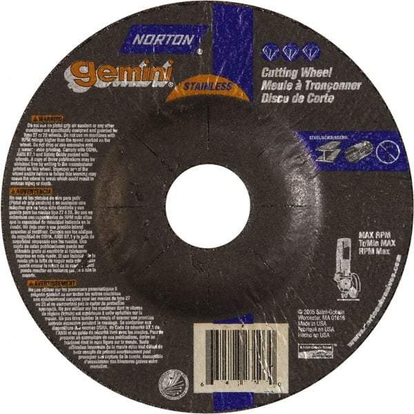 Norton - 36 Grit, 5" Wheel Diam, 3/32" Wheel Thickness, 7/8" Arbor Hole, Type 27 Depressed Center Wheel - Aluminum Oxide - Eagle Tool & Supply