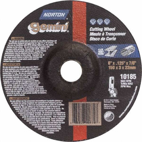 Norton - 36 Grit, 6" Wheel Diam, 1/8" Wheel Thickness, 7/8" Arbor Hole, Type 27 Depressed Center Wheel - Aluminum Oxide - Eagle Tool & Supply