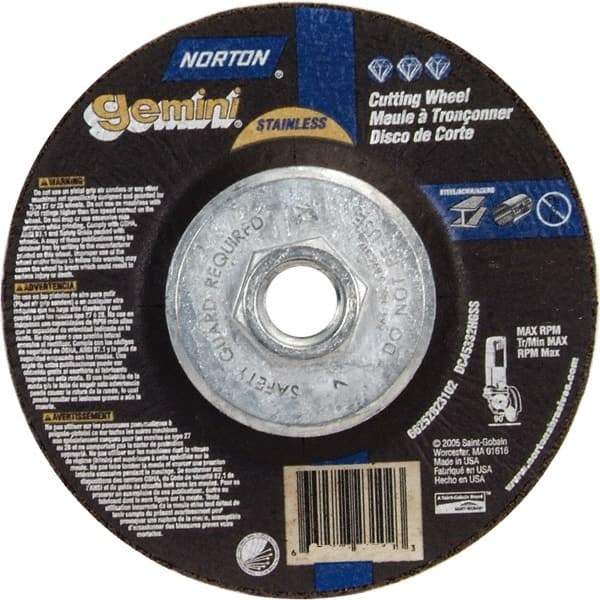 Norton - 36 Grit, 5" Wheel Diam, 3/32" Wheel Thickness, Type 27 Depressed Center Wheel - Aluminum Oxide - Eagle Tool & Supply