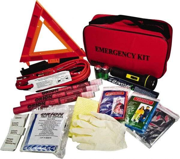 ORION Safety - 79 Piece, Emergency Roadside Safety Kit - Emergency Flares, Reflective Triangle, Flashlight, Batteries, Lightstick, Vest, Poncho, Shop Cloth, Jumper Cable, Multi-Tool, Thermal Blanket, Toweletes & First Aid Supplies - Eagle Tool & Supply