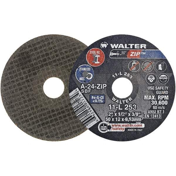 WALTER Surface Technologies - 2" 24 Grit Aluminum Oxide Cutoff Wheel - 1/2" Thick, 3/8" Arbor, 31,000 Max RPM, Use with Die Grinders - Eagle Tool & Supply