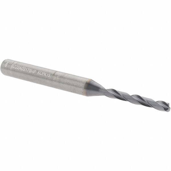 Kennametal - 1/8" 135° Solid Carbide Jobber Drill - Multilayer TiAlN Finish, Right Hand Cut, Spiral Flute, Straight Shank, 66mm OAL, Standard Point - Eagle Tool & Supply