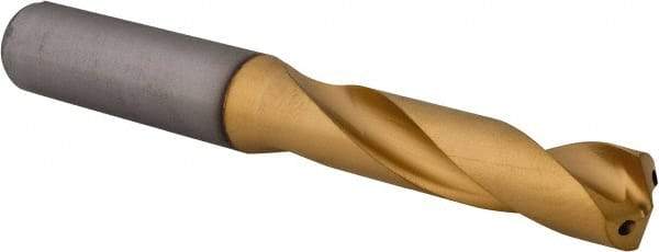 Kennametal - 31/64" 140° Spiral Flute Solid Carbide Screw Machine Drill Bit - Multilayer TiAlN Finish, Right Hand Cut, 60mm Flute Length, 107mm OAL, Standard Point, Straight Shank, Through Coolant - Eagle Tool & Supply