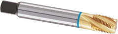 Guhring - 3/8-18 NPTF, 25° Helix, 5 Flutes, Modified Bottoming Chamfer, TiN Finish, Cobalt, Spiral Flute Pipe Tap - 16mm Shank Diam, 0.8268" Projection, 12mm Square Size, Series 4127 - Exact Industrial Supply
