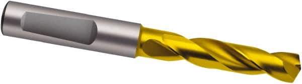 Guhring - 7/16" 140° Spiral Flute Solid Carbide Screw Machine Drill Bit - TiN Finish, Right Hand Cut, 55mm Flute Length, 102mm OAL, SU Point, Whistle Notch Shank - Eagle Tool & Supply