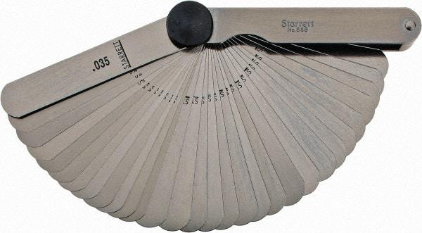 Starrett - 31 Piece, 0.0015 to 0.035" Thick, Parallel Feeler Gage Set - 3-1/32" Leaf Length, 1/2" Wide, Tempered Steel - Eagle Tool & Supply