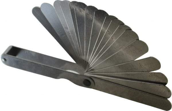 Starrett - 20 Piece, 0.05mm to 1 Thick, Parallel Feeler Gage Set - 3-1/32" Leaf Length, 1/2" Wide, Tempered Steel - Eagle Tool & Supply