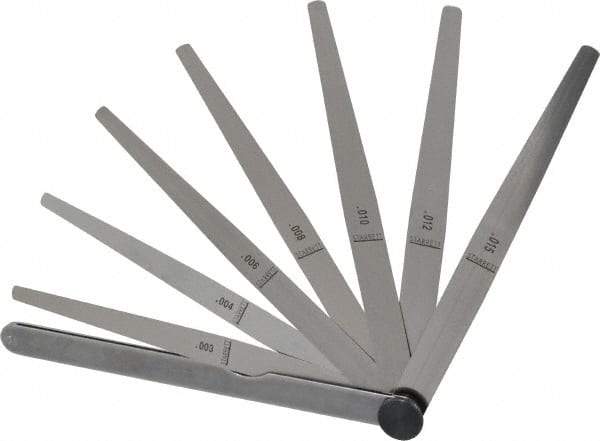 Starrett - 8 Piece, 0.002 to 0.015" Thick, Tapered Feeler Gage Set - 6" Leaf Length, 1/4 to 1/2" (Tapered) Wide, Tempered Steel - Eagle Tool & Supply