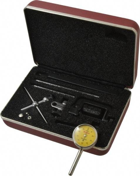Starrett - 10 Piece, 2.5mm to 5mm Measuring Range, 1-7/16" Dial Diam, 0-100 Dial Reading, Yellow Dial Test Indicator Kit - 0.02mm Dial Graduation - Eagle Tool & Supply
