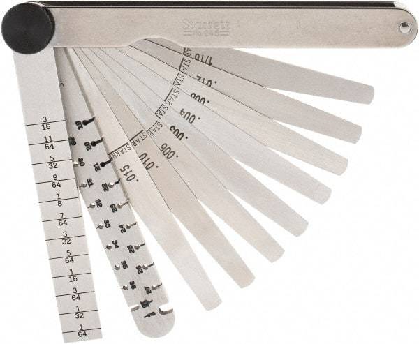 Starrett - 9 Piece, 0.1065 to 0.166" Thick, Tapered Feeler Gage Set - 4-3/4" Leaf Length, 1/4 to 1/2" (Tapered) Wide, Tempered Steel - Eagle Tool & Supply