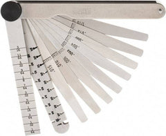 Starrett - 9 Piece, 0.1065 to 0.166" Thick, Tapered Feeler Gage Set - 4-3/4" Leaf Length, 1/4 to 1/2" (Tapered) Wide, Tempered Steel - Eagle Tool & Supply