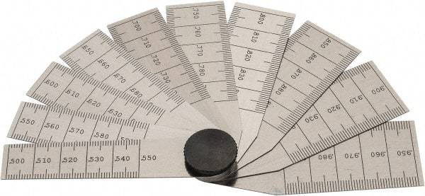 Starrett - 1/2 to 1 Inch Measurement, 10 Leaf Taper Gage - 2-3/4 Inch Long, Tempered Steel, 0.001 Inch Graduation - Eagle Tool & Supply