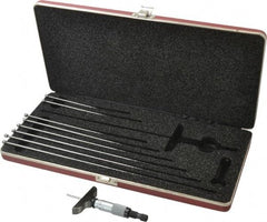 Starrett - 0 to 9" Range, 9 Rod, Mechanical Depth Micrometer - Ratchet Stop Thimble, 2-1/2" Base Length, 0.01mm Graduation, 1/8" Rod Diam - Eagle Tool & Supply