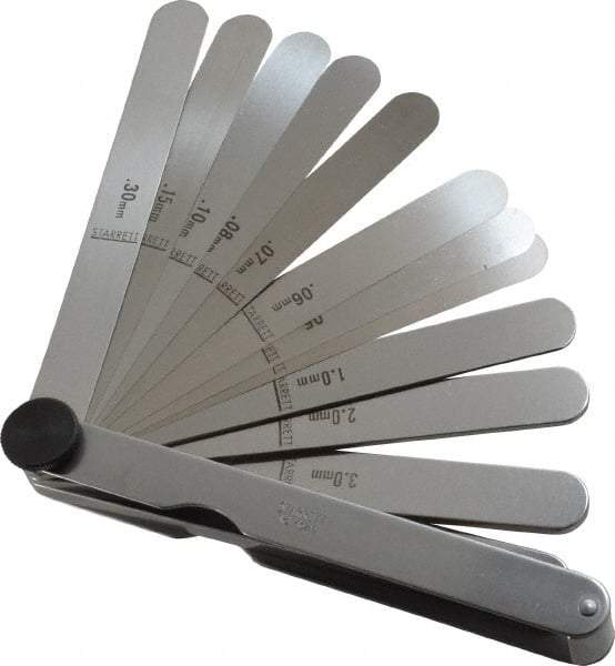 Starrett - 13 Piece, 0.04 to 5mm Parallel Feeler Gage Set - 4-1/2" Long x 1/2" Wide, Tempered Steel - Eagle Tool & Supply