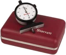 Starrett - 0 to 1/2 Inch Range, White Dial Depth Gage - 0.0005 Inch Graduation, 2-1/2 Inch Base Measuring Length - Eagle Tool & Supply