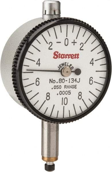 Starrett - 0.05" Range, 0-10-0 Dial Reading, 0.0005" Graduation Dial Drop Indicator - 1-1/4" Dial, 0.02" Range per Revolution - Eagle Tool & Supply