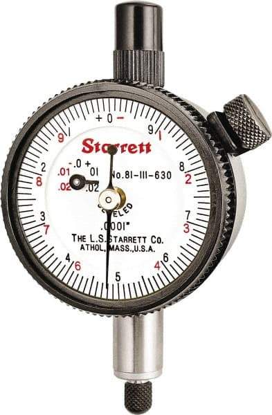 Starrett - 0.025" Range, 0-10 (Continuous), 0-5-0 (Balanced) Dial Reading, 0.0001" Graduation Dial Drop Indicator - 1-11/16" Dial, 0.01" Range per Revolution, Revolution Counter - Eagle Tool & Supply