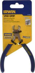 Irwin - 4-1/2" OAL, 18 AWG Capacity, Semi-Flush End Cutting Pliers - 13/16" Jaw Length x 9/16" Jaw Width, Dipped Vinyl Handle - Eagle Tool & Supply