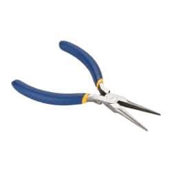 Irwin - 5-1/2" OAL, 1-1/4" Jaw Length x 9/16" Jaw Width, Long Nose Needle Nose Pliers - Serrated Jaw, Standard Head, Dipped Vinyl Handles, with Spring - Eagle Tool & Supply