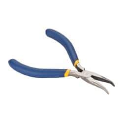 Irwin - 5" OAL, 1-1/4" Jaw Length x 9/16" Jaw Width, Long Nose Needle Nose Pliers - Serrated Jaw, Curved Head, Dipped Vinyl Handles, with Spring - Eagle Tool & Supply