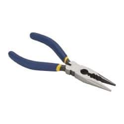 Irwin - 6" OAL, 1-7/8" Jaw Length x 3/4" Jaw Width, Long Nose Side Cutting Electrician's Pliers - Serrated Jaw, Crimper, Cutter & Stripper Head, Dipped Vinyl Handles - Eagle Tool & Supply