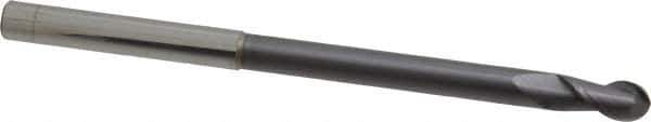 Accupro - 1/4" Diam, 1/2" LOC, 2 Flute Solid Carbide Ball End Mill - AlTiN Finish, Single End, 4" OAL, 1/4" Shank Diam, Spiral Flute - Eagle Tool & Supply