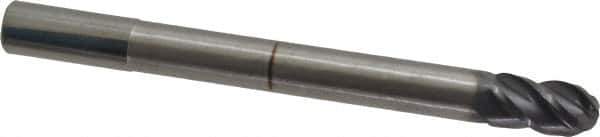 Accupro - 12mm Diam, 22mm LOC, 4 Flute Solid Carbide Ball End Mill - AlTiN Finish, Single End, 130mm OAL, 12mm Shank Diam, Spiral Flute - Eagle Tool & Supply