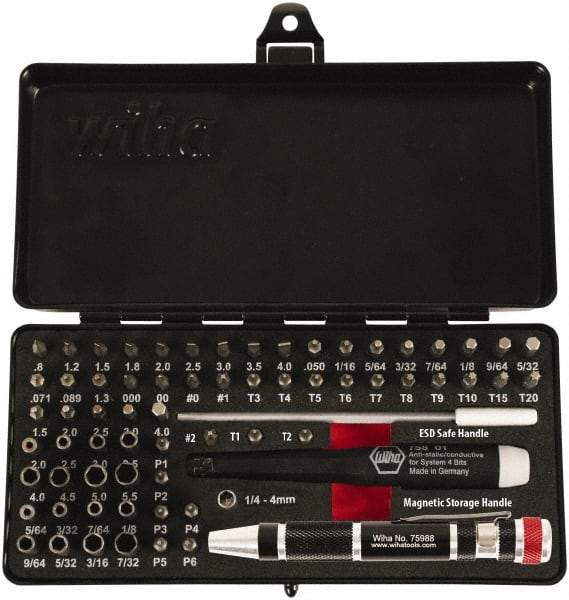 Wiha - 65 Piece, 4mm Drive Screwdriver Micro Bit Set - 0.7 to 4mm Hex, T3 to T20 Torx, 0.8, 1.2, 1.5, 1.8, 2, 2.5, 3, 3.5 & 4mm Slotted - Eagle Tool & Supply