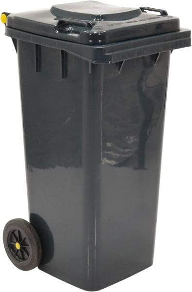 Vestil - 32 Gal Gray Square Trash Can - Polyethylene, None Graphic, 38" High x 21-13/16" Long x 18-3/4" Wide, Lid Included - Eagle Tool & Supply