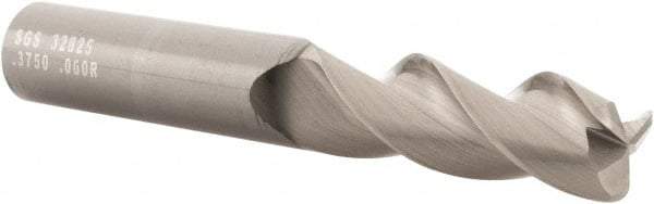 SGS - 3/8", 3 Flute, Single End, Solid Carbide, 0.06" Corner Radius End Mill - 2-1/2" OAL, 38° Helix, Right Hand Flute, 1" LOC, Right Hand Cut - Eagle Tool & Supply