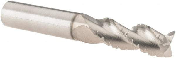 SGS - 3/8" Diam, 1" LOC, 3 Flute Solid Carbide 0.01" Corner Radius Roughing End Mill - TiB2 Finish, 2-1/2" OAL, 3/8" Shank Diam, Single End, Centercutting, 38° Helix - Eagle Tool & Supply